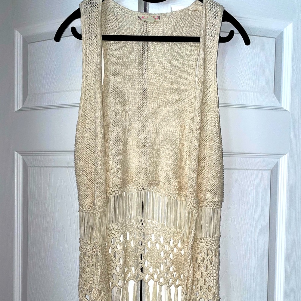 Tan Sleeveless cardigan with Fringe